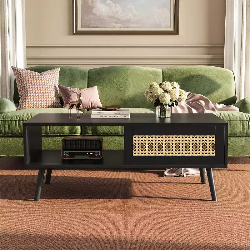 Table basse bohème en bois noir/chêne avec porte coulissante et étagère ouverte