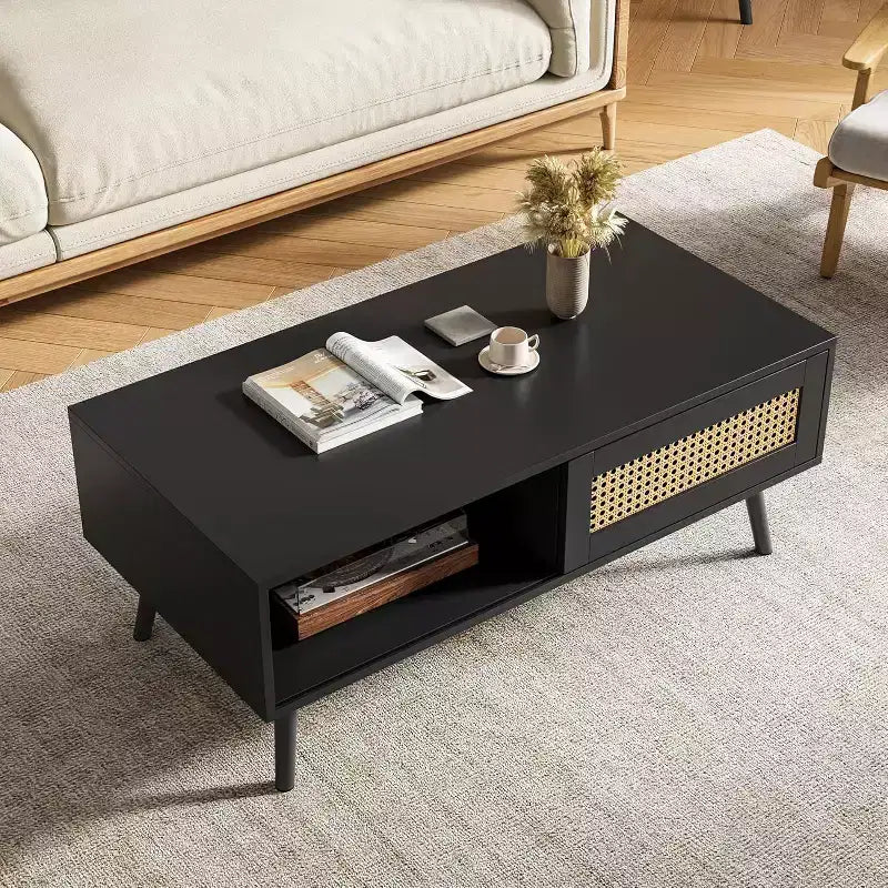 Table basse bohème en bois noir/chêne avec porte coulissante et étagère ouverte
