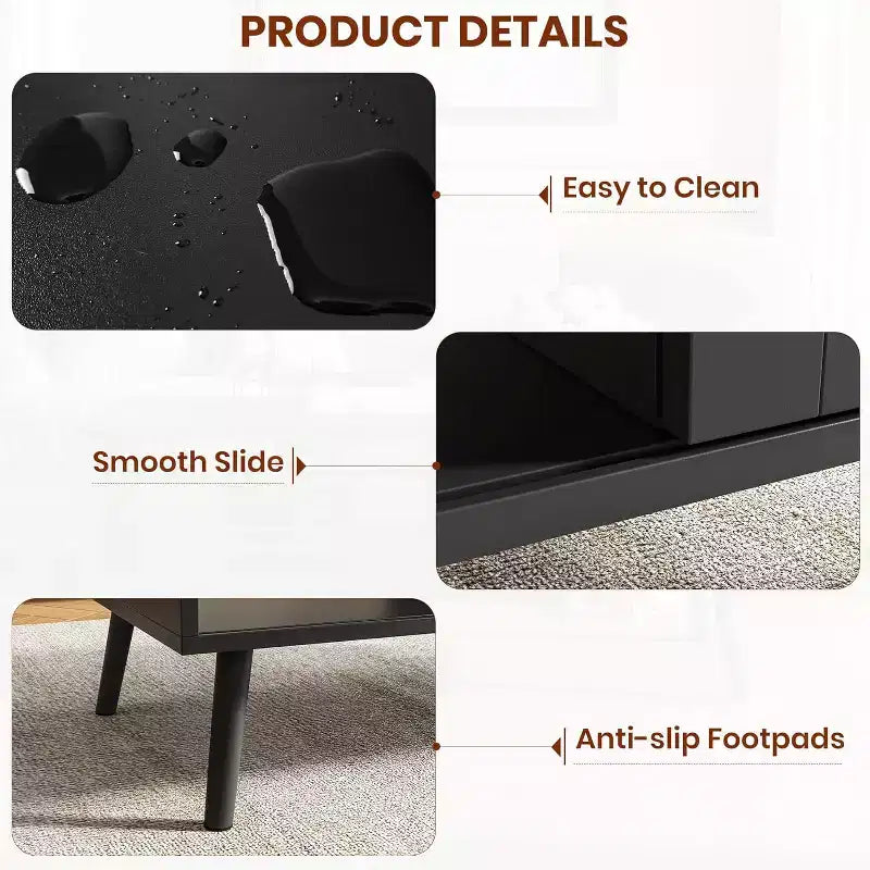 Table basse bohème en bois noir/chêne avec porte coulissante et étagère ouverte
