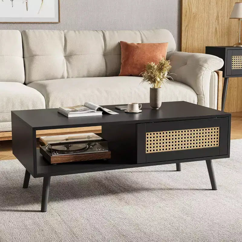 Table basse bohème en bois noir/chêne avec porte coulissante et étagère ouverte