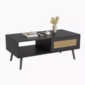 Wood Coffee Table with Storage - Boho Center Sofa Table with Sliding Door and Open Shelf for Living Room, Bedroom, Easy Assembly