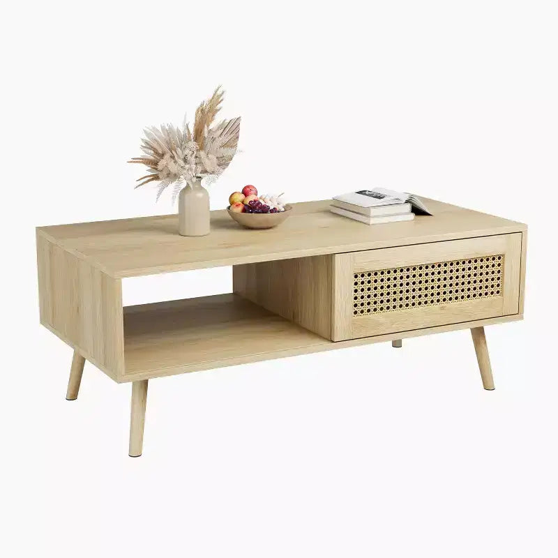 Table basse bohème en bois noir/chêne avec porte coulissante et étagère ouverte