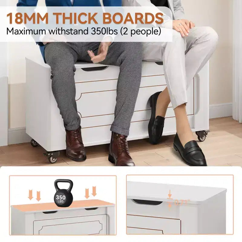 Banc de rangement en bois blanc à roulettes, 2 places, étagère à chaussures 12 paires