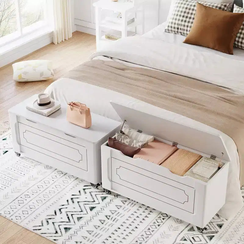 Banc de rangement en bois blanc à roulettes, 2 places, étagère à chaussures 12 paires