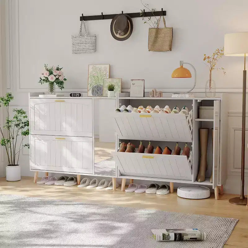 Meuble à chaussures autoportant en bois avec miroir et rangement latéral, peut contenir 20 paires
