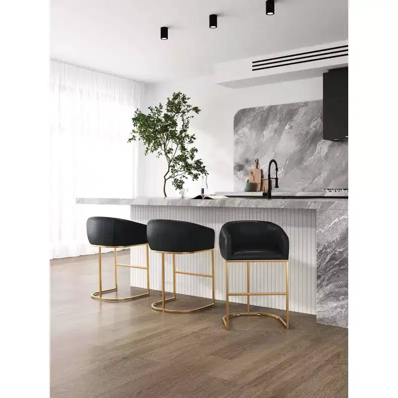 Tabouret de bar en similicuir rembourré noir et or titane, lot de 3