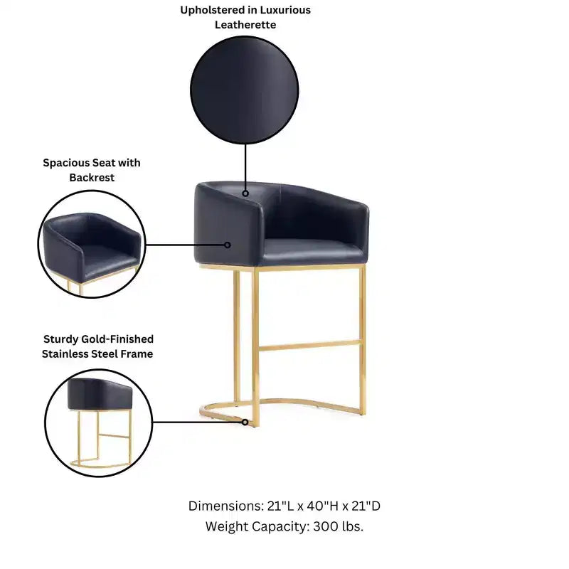 Tabouret de bar en similicuir rembourré noir et or titane, lot de 3