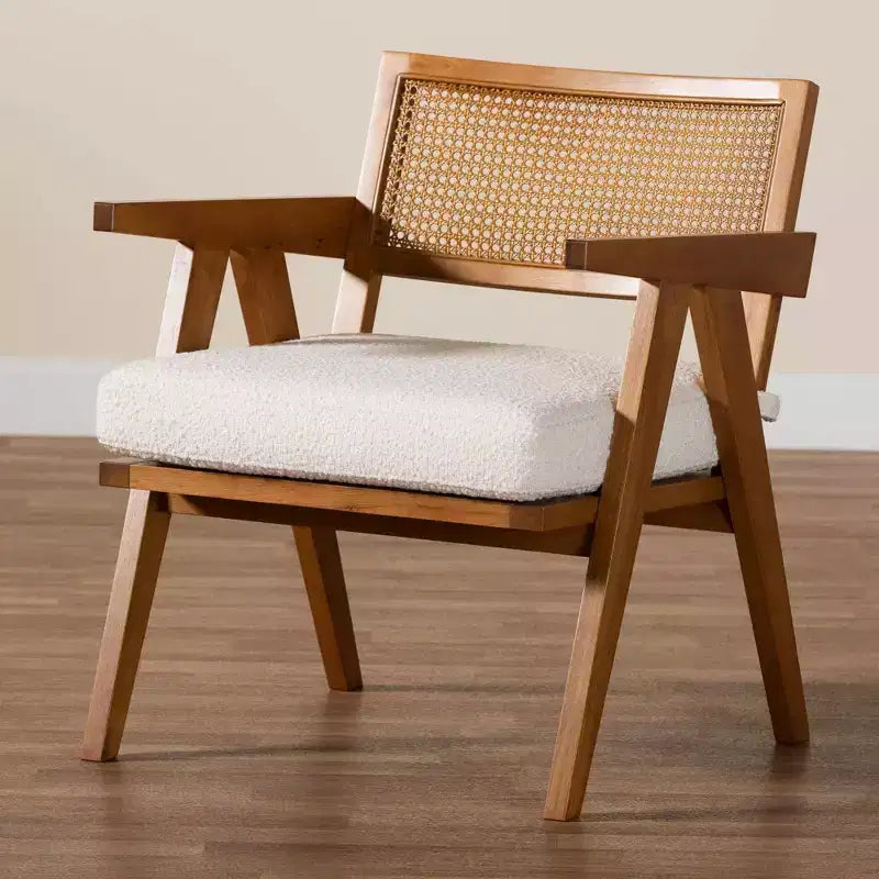Fauteuil en rotin bouclé crème et noyer pour 1 personne