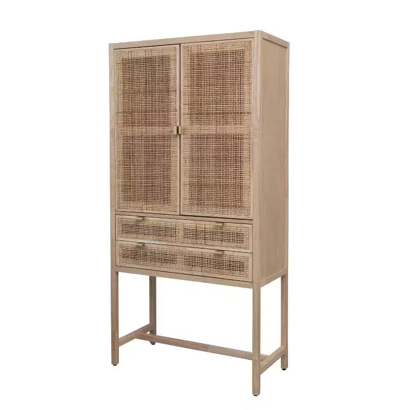 Armoire haute à 2 portes et 2 tiroirs en rotin naturel tressé, assemblage par 1 personne