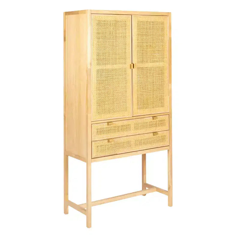 Armoire haute à 2 portes et 2 tiroirs en rotin naturel tressé, assemblage par 1 personne