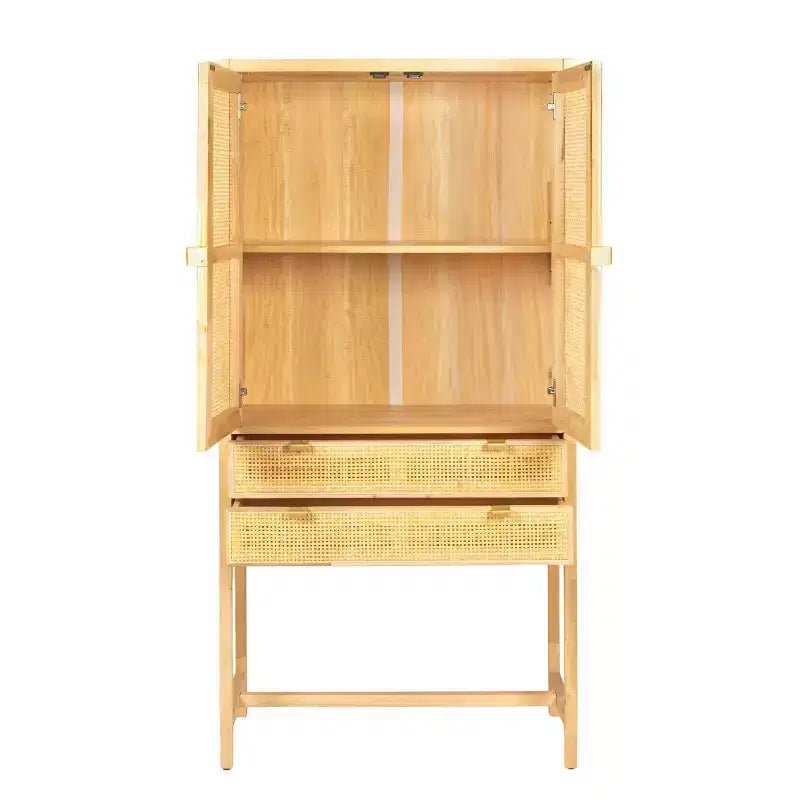 Armoire haute à 2 portes et 2 tiroirs en rotin naturel tressé, assemblage par 1 personne