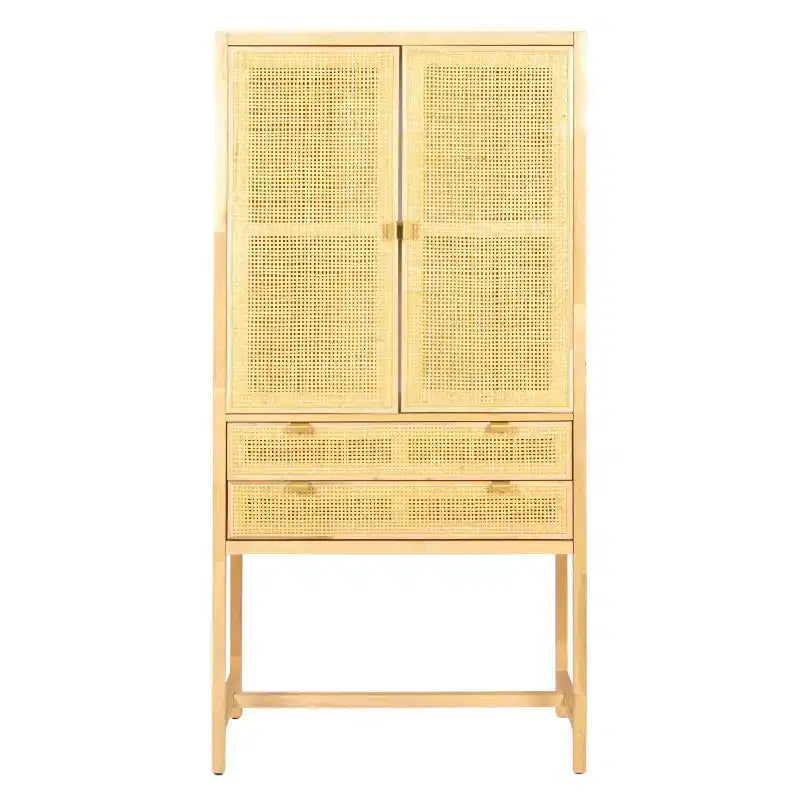 Armoire haute à 2 portes et 2 tiroirs en rotin naturel tressé, assemblage par 1 personne