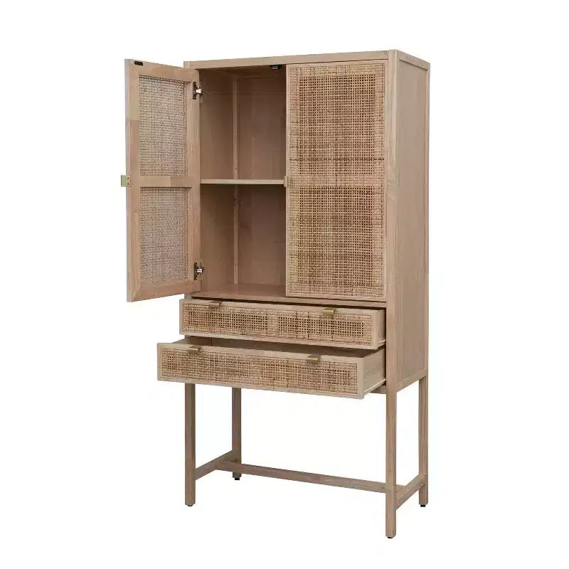 Armoire haute à 2 portes et 2 tiroirs en rotin naturel tressé, assemblage par 1 personne