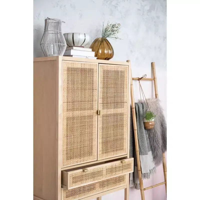 Armoire haute à 2 portes et 2 tiroirs en rotin naturel tressé, assemblage par 1 personne