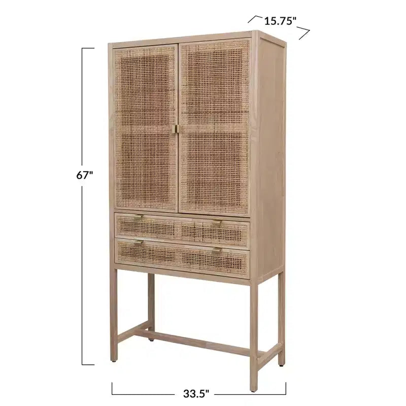 Armoire haute à 2 portes et 2 tiroirs en rotin naturel tressé, assemblage par 1 personne