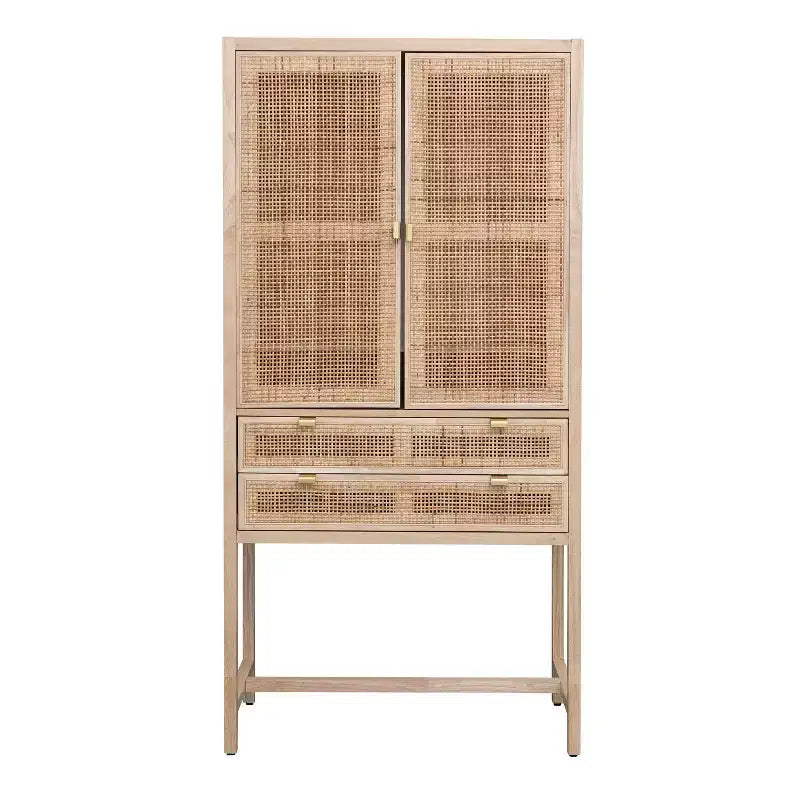 Armoire haute à 2 portes et 2 tiroirs en rotin naturel tressé, assemblage par 1 personne