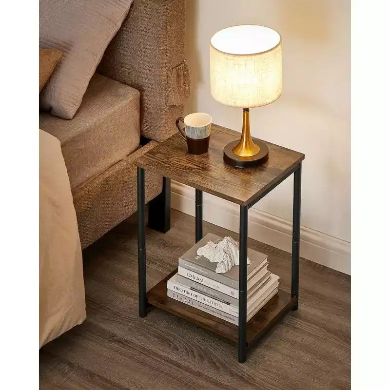Table d'appoint industrielle étroite à 2 niveaux pour 1 personne, Noir / Greige & Noir / Marron rustique & Noir
