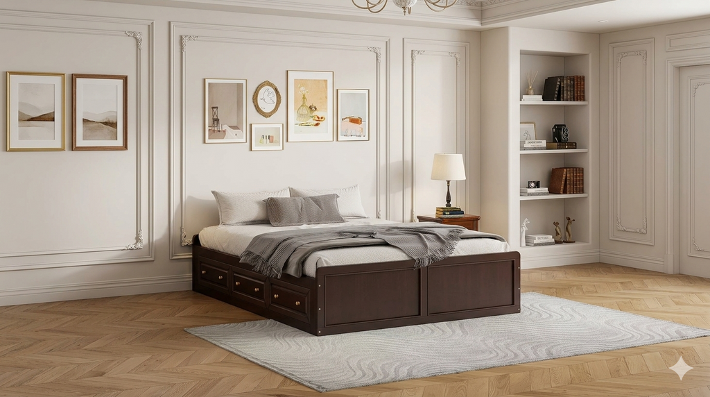 Lit plateforme queen avec 6 tiroirs, expresso/gris/blanc, 1 personne